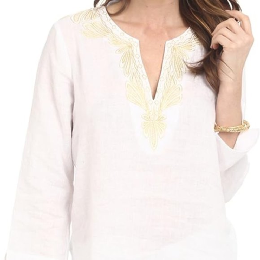 Lilly Pulitzer White Amelia Island Blouse Gold Embroidery  Tunic Top Blouse S‎